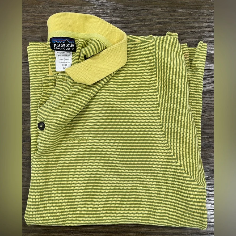 Patagonia Organic Cotton Polo Shirt Men’s M Yellow Green Stripe - Picture 1 of 4